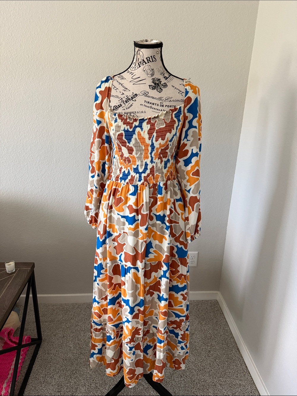 Smocked Long-Sleeve Maxi Dress in Multi Floral Print